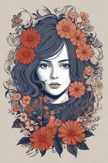 Graceful woman's face floral tshirt graphic 7