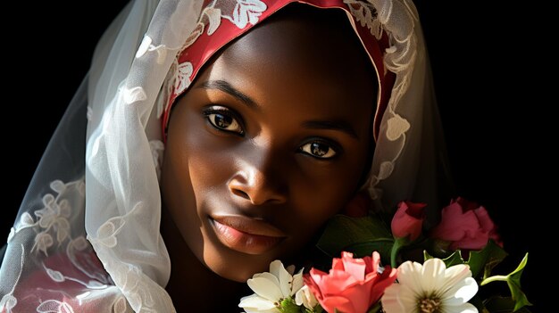 A graceful woman wearing a veil holds a bouquet of flowers radiating elegance and beauty