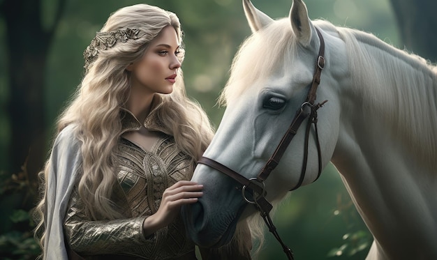 Graceful woman and white horse share a tranquil moment illustrating a timeless bond in a peaceful natural setting AI generative