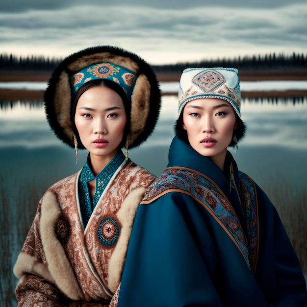 Graceful Yakutian Women in Traditional Attire A Captivating Portrait of Two Oriental Ladies amidst Scenic Beauty