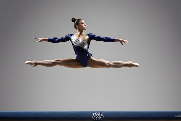 Photo graceful young female gymnast performing a split leap on balance beam in a gymnastics competition