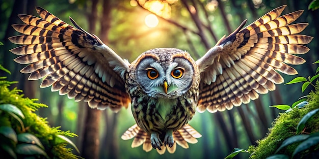 Photo a gracefully soaring owl the symbol of wisdom and mystery dominates the frame in a closeup agains