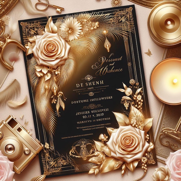 gradient golden luxury wedding invitation with photo