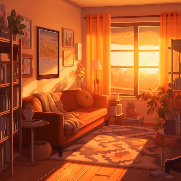 A gradient of warm oranges and yellows mimics the living room