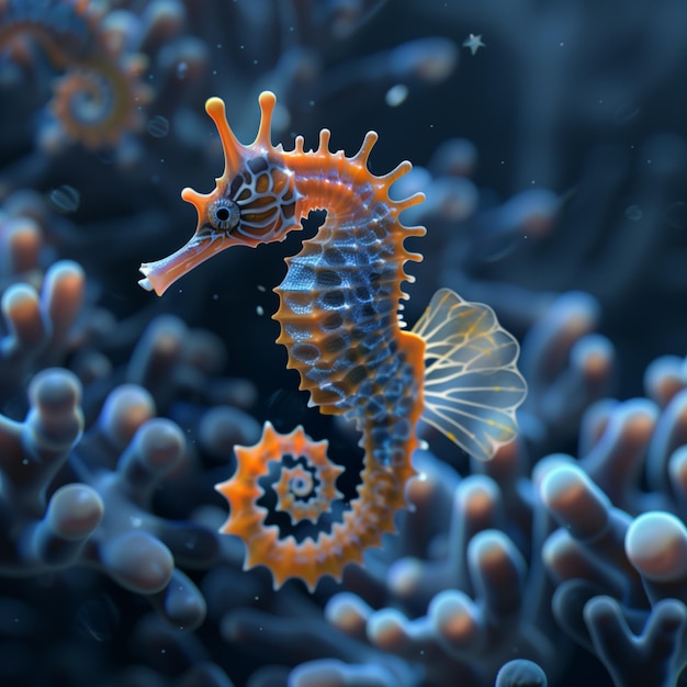 A gradiental seahorse is posing in an underwater picture