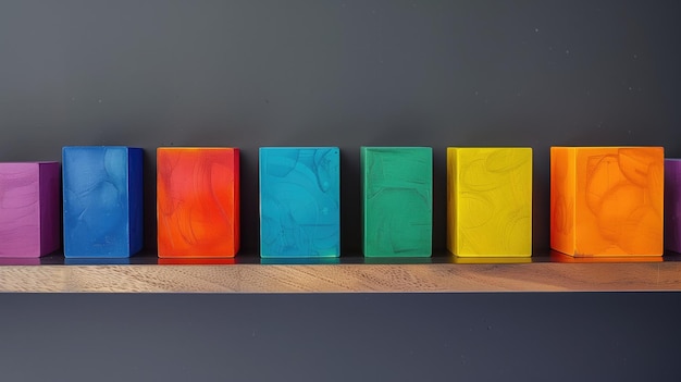 Gradientcolored blocks with intriguing texture displayed against a dark background on a wooden shelf