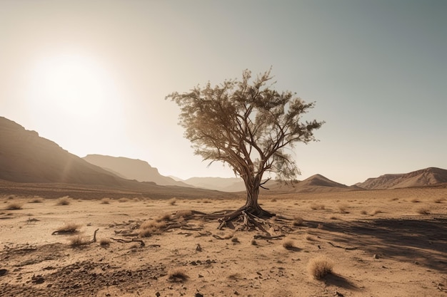 Gradually withering expansive single tree grappling with harsh arid environment Generative AI