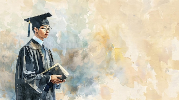 Graduate in cap and gown holding a book with a contemplative expression against a soft abstract background Watercolor illustration