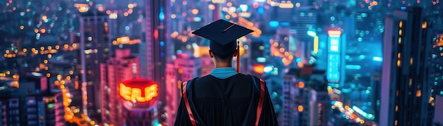 Graduate in cap and gown overlooking a neonlit cityscape panoramic view