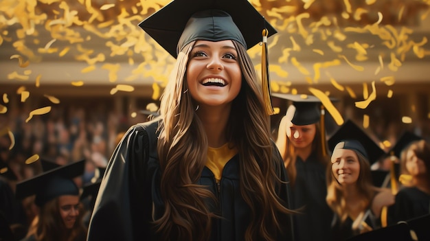 Photo graduate in cap and gown with her friends in the background