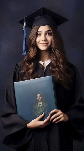 Graduate girl in a black gown and hat stands on a gray background and holds a graduation album