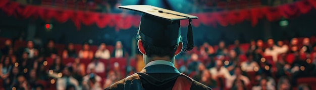 Graduate overlooking audience perspective from behind