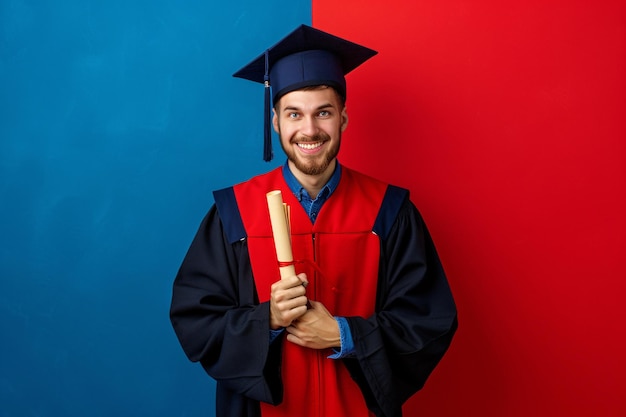 Graduate posing in cap and gown with diploma against blue and red backdrop