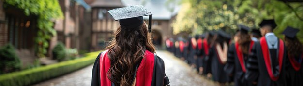 Photo graduate pride academic regalia focused confidence historic campus setting