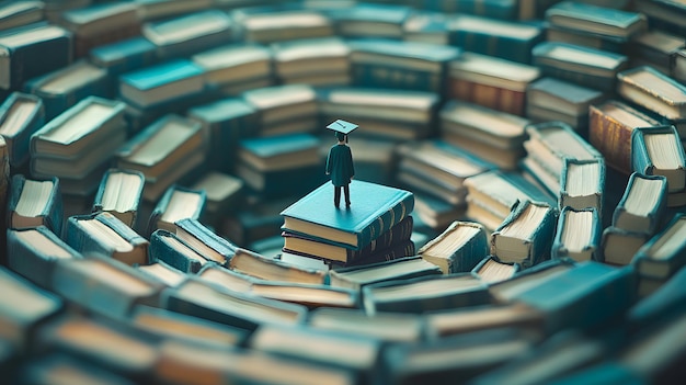 Photo graduate standing on a stack of books surrounded by books