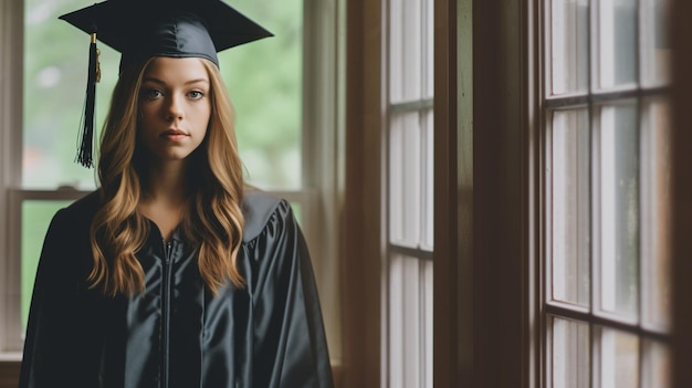 Photo a graduate with a black cap on her head