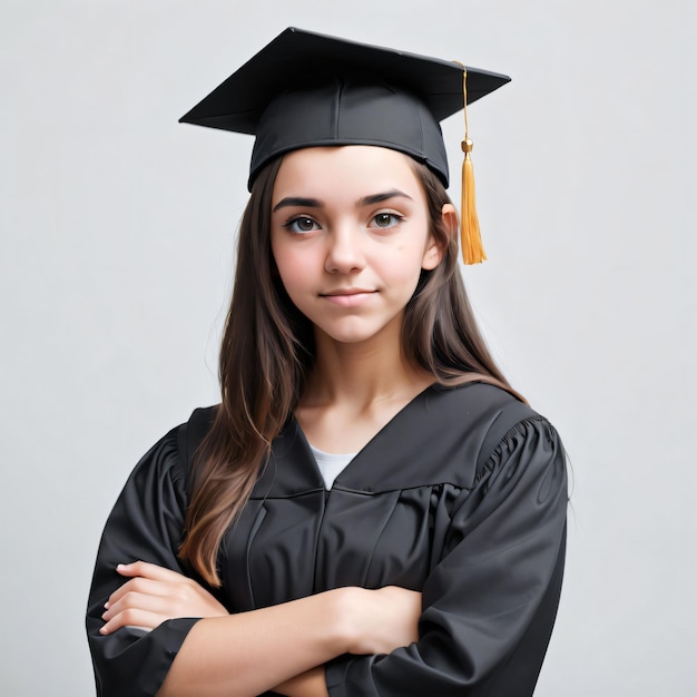 A graduate with her arms crossed and a black cap on her head