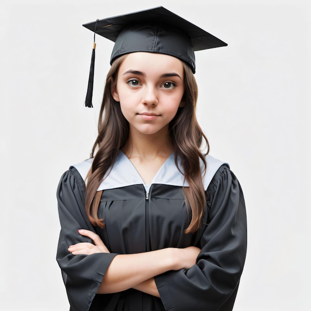 A graduate with her arms crossed and a black cap on her head