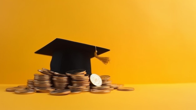 Photo graduated cap with coins on yellow background savings for education financial literacy concept