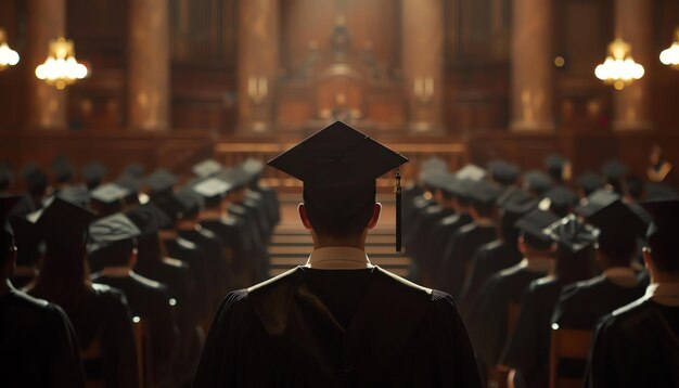 Graduates in gowns and mortarboards face the podium seen from behind emphasizing unity