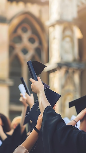 Graduates Proudly Holding Aloft Newly Received Diplomas in Majestic Venue