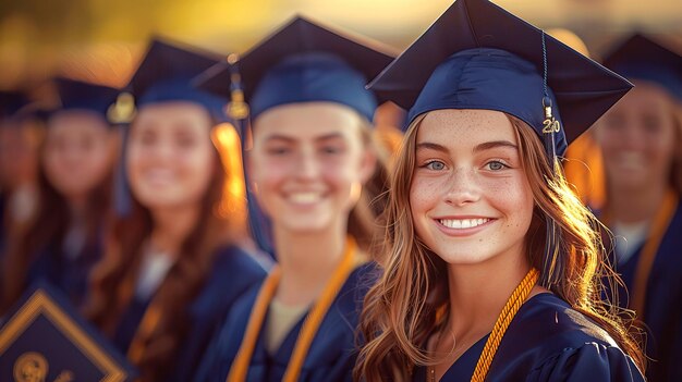 Graduates wearing blue caps and gowns hold proudly their diplomas in the rays of sunset