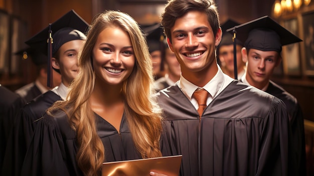 Graduates wearing caps and gowns hold proudly their diplomas