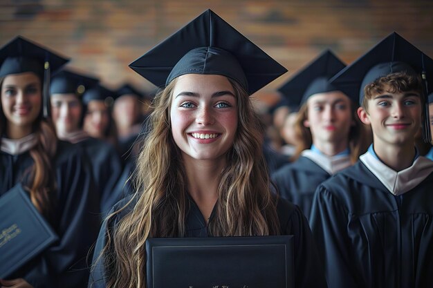 Graduates wearing caps and gowns hold proudly their diplomas