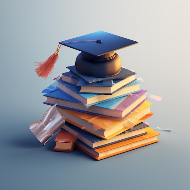 graduating cap on a stack of books 3d image in the style of vray tracing