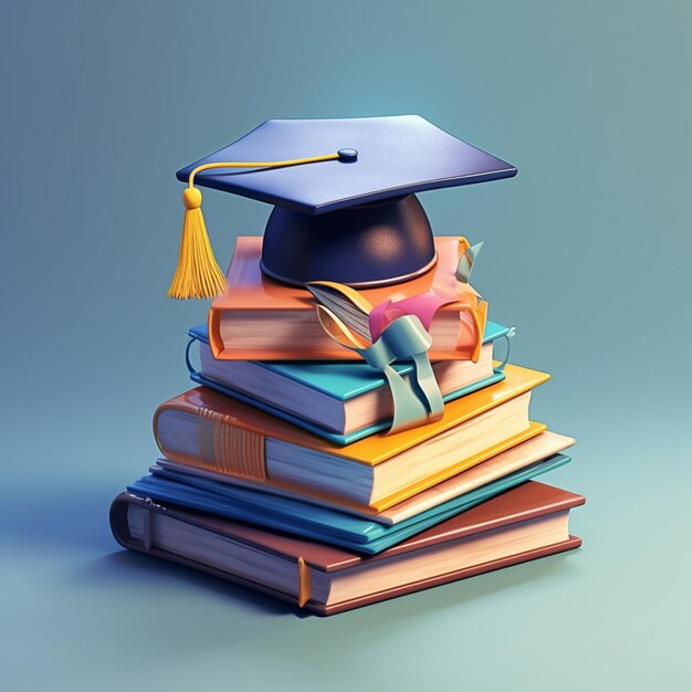 graduating cap on a stack of books 3d image in the style of vray tracing