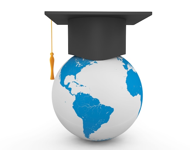 Photo graduation academic cap with earth globe on a white background