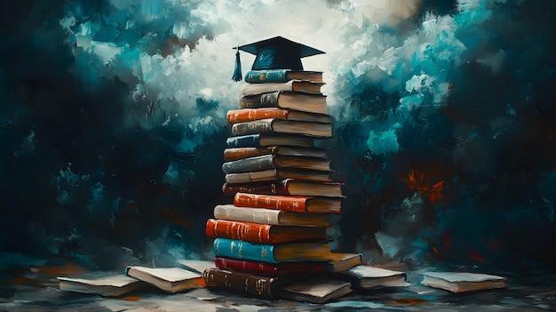 Graduation Cap Atop a Stack of Books with a Blue and Brown Background