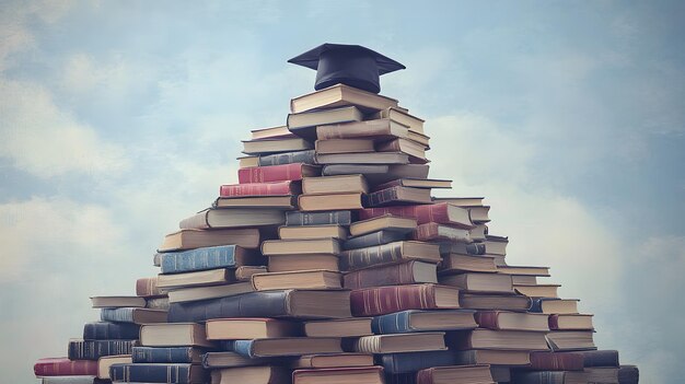 Graduation Cap Atop a Tower of Books