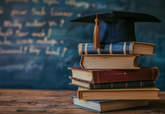 Photo graduation cap on books knowledge and learning