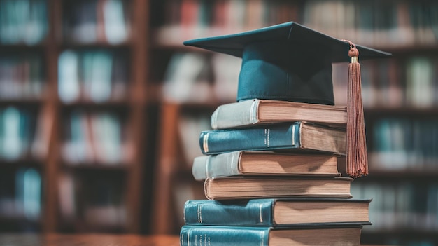 Photo graduation cap on books in library