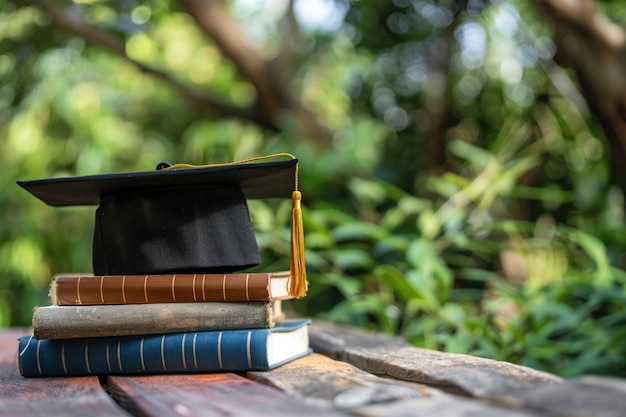 graduation cap and books on the table