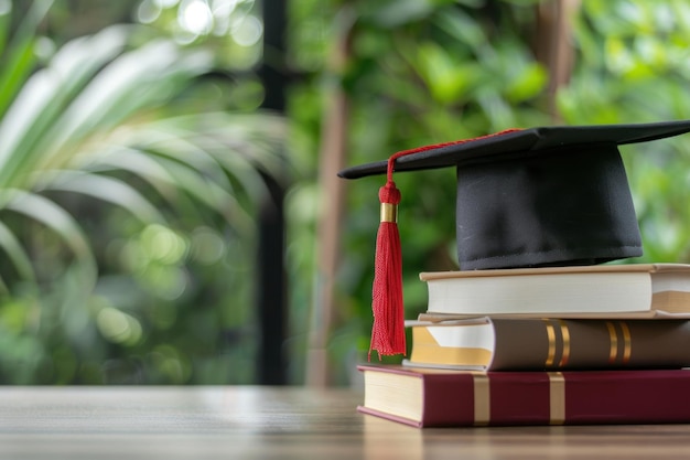 graduation cap and books on the table