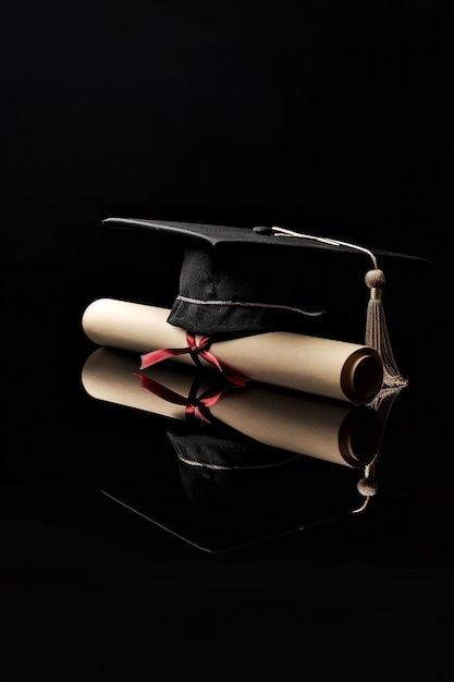 Graduation cap and diploma against a sleek black background symbolizing academic achievement