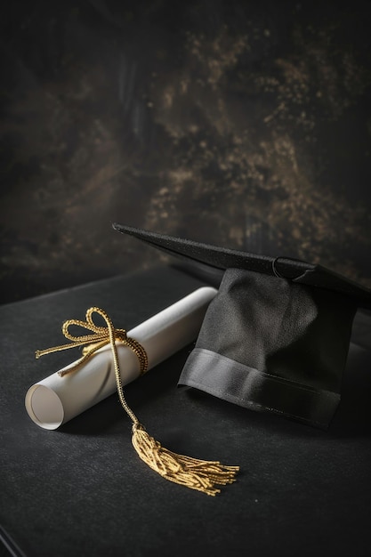 Graduation cap and diploma against a sleek black background symbolizing academic achievement