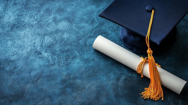 Graduation cap and diploma on a blue textured background