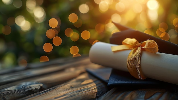 Graduation Cap Diploma and Golden Ribbon