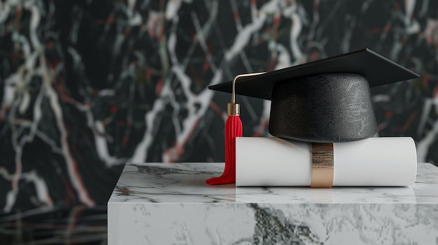 Graduation Cap and Diploma on Marble Pedestal Image