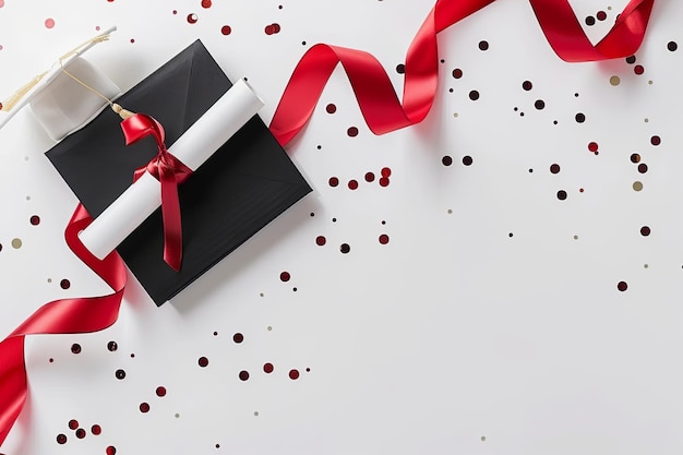 A graduation cap diploma and red ribbon on a white background