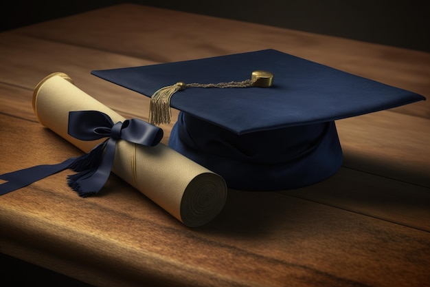 Graduation cap and diploma on rustic wooden table Ai generative