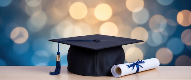 Graduation cap and diploma on a serene blue bokeh background symbolizing success