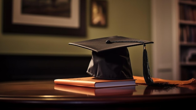 Graduation cap and diploma on the table in a courtroom or enforcement officegenerative ai