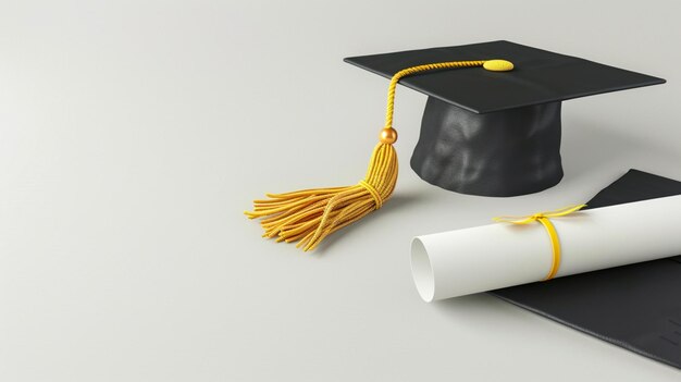 a graduation cap and a diploma with a diploma on the table