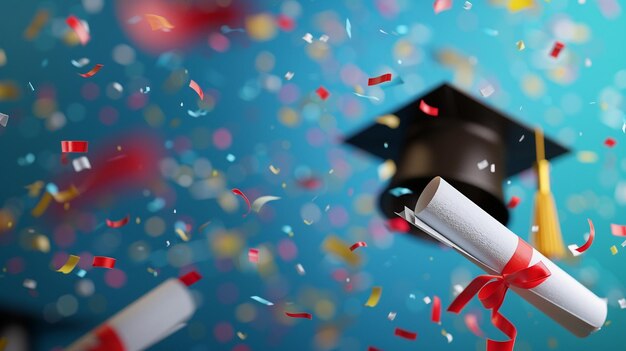 Photo graduation cap and diploma with streamers and confetti illustration