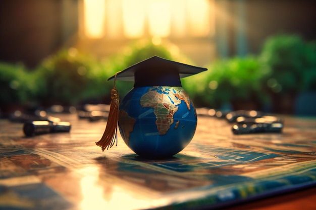 The graduation cap and Earth globe together represent the global reach and impact of education in the business world