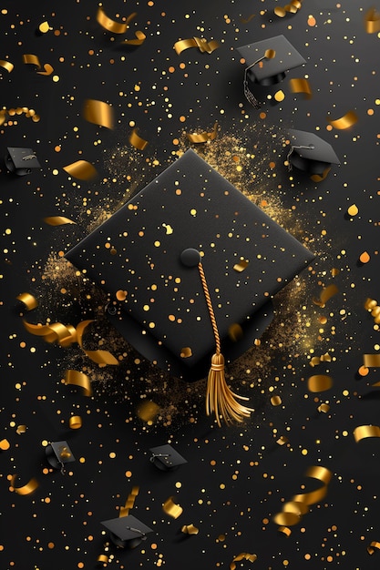 Graduation cap and elegant gold confetti for graduation ceremony messages